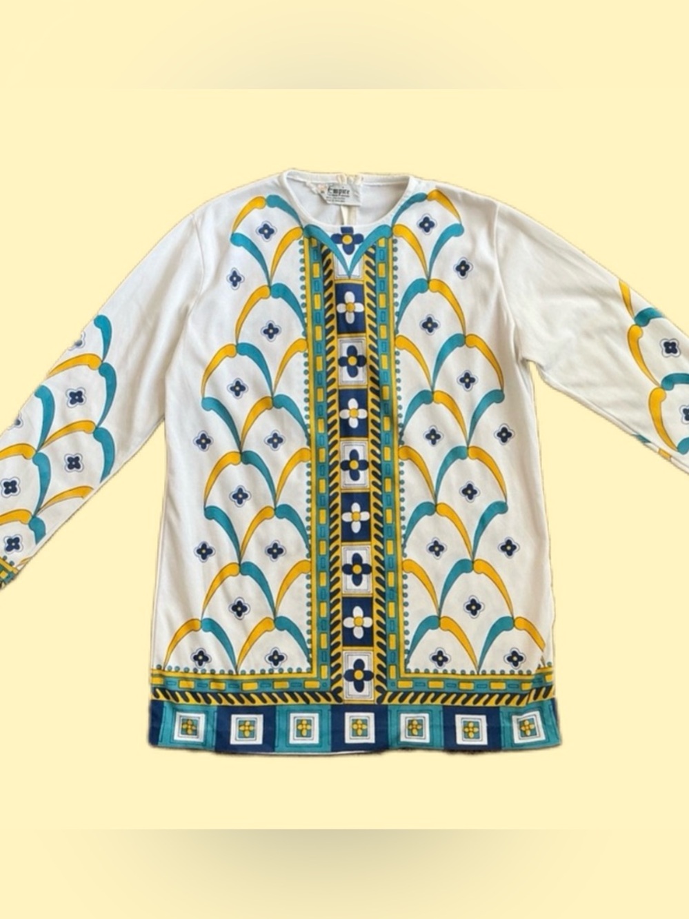 True Vintage Late 60’s Era Tunic Blouse, Psychadelic Flowers, Long Sleeved Crew